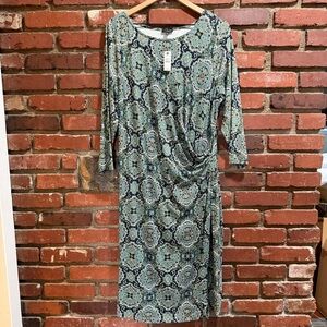 Talbots Dress Women XL Green Blue Paisley Drape Sheath Wrap Knit Stretch
